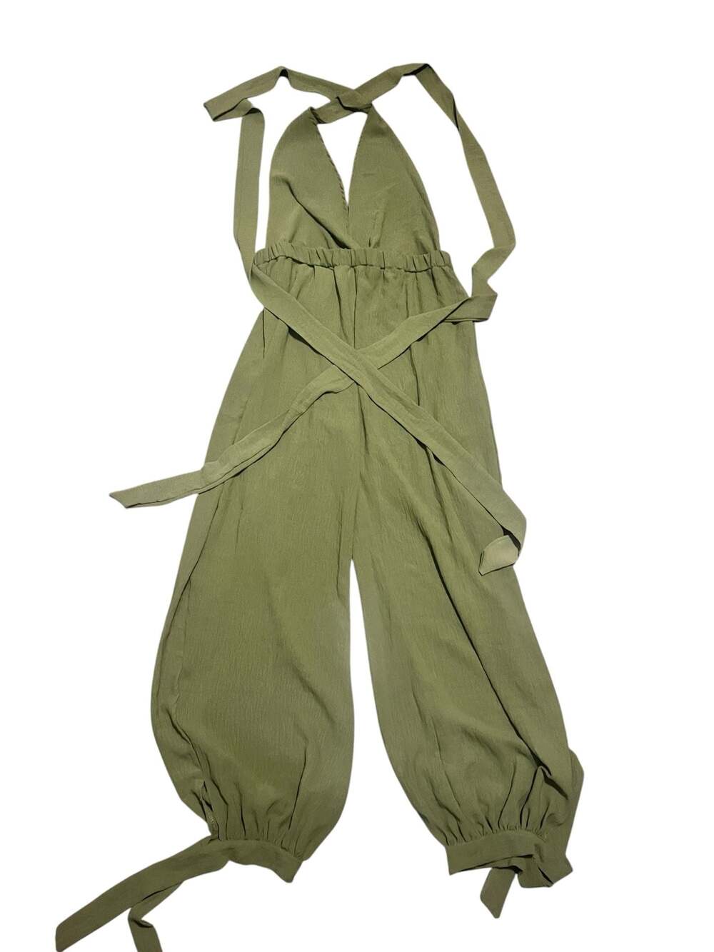 Olive Green Halter Neck Barrel Leg Jumpsuit